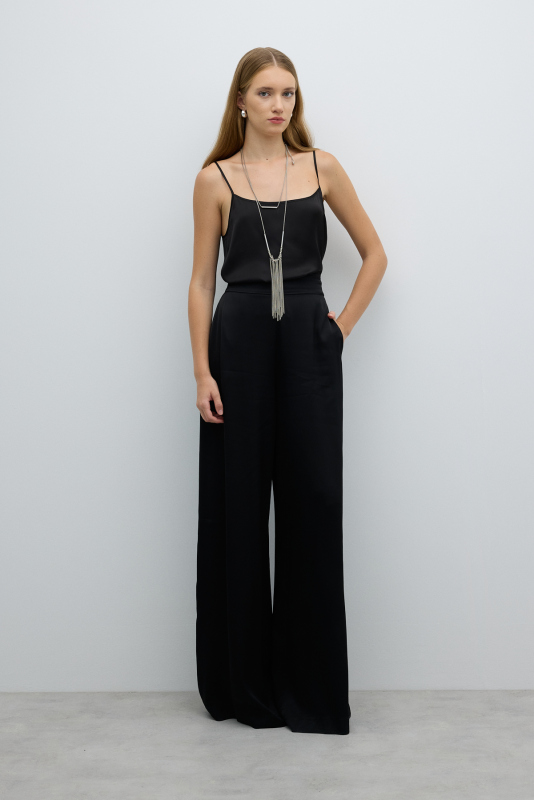 Saten Geniş Paça Pantolon Siyah - 1