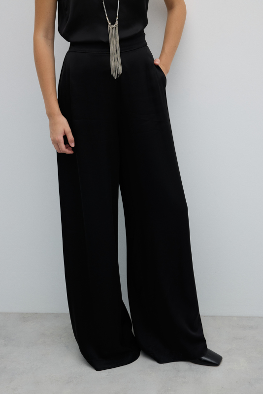 Saten Geniş Paça Pantolon Siyah - 4