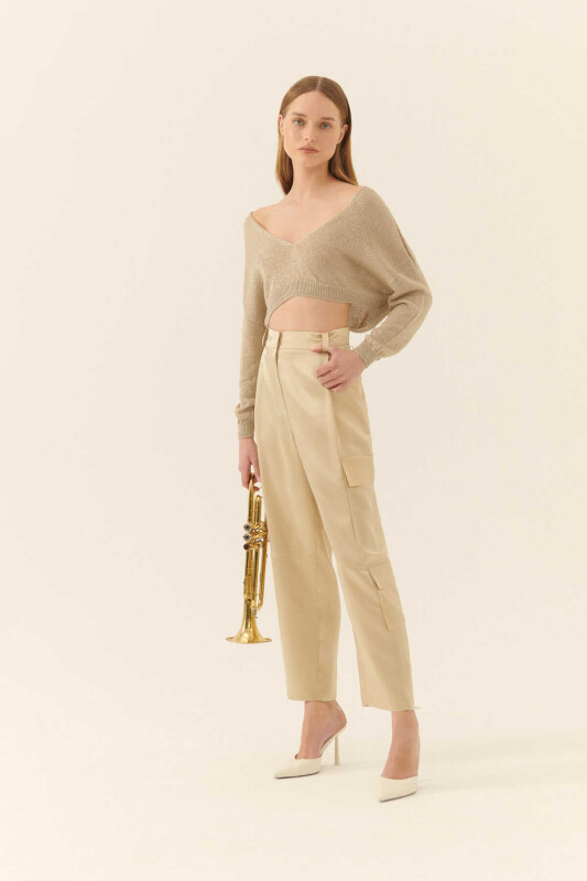  Saten Kargo Kadın Pantolon Bej - 1
