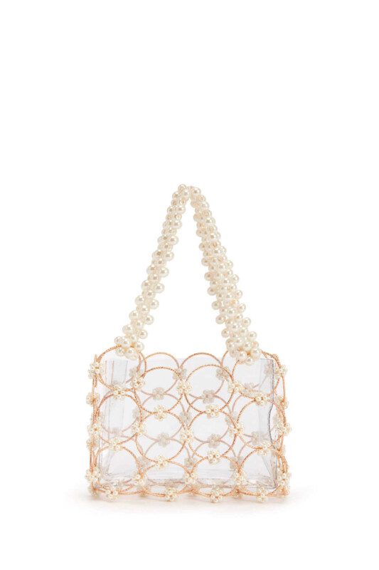 Şeffaf Halka ve İnci Detaylı Çanta Krem - 3