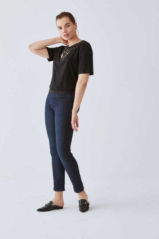  Şerit Detaylı Jean Kadın Pantolon Koyu Mavi - 4