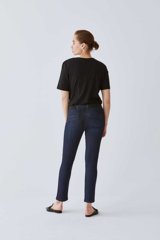  Şerit Detaylı Jean Kadın Pantolon Koyu Mavi - 2
