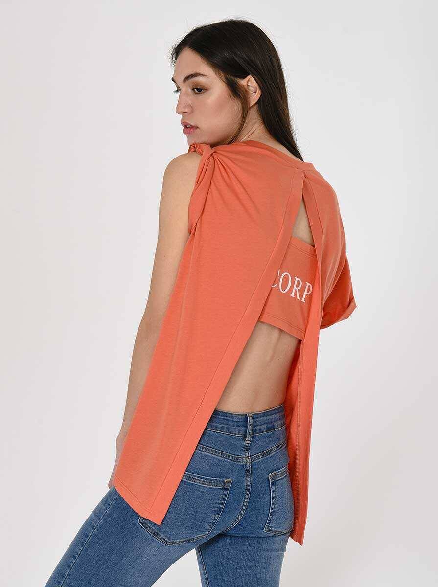 Şerit Detaylı T-Shirt Oranj - 4