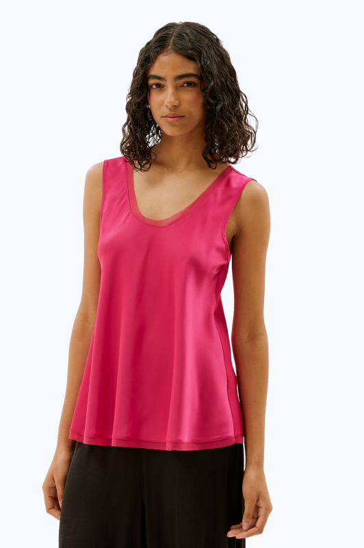 Şifon Biyeli Kolsuz Bluz Fuşya - Roman