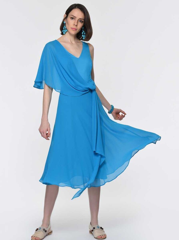 Şifon Detaylı Şifon Elbise Turkuaz - 1