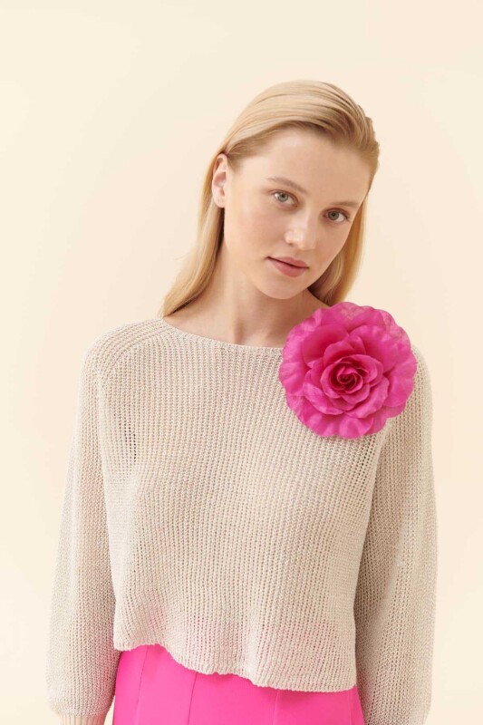 Simli Triko Bluz Kemik-Gümüş - 3