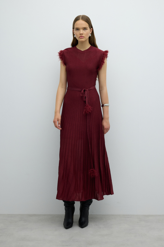 Sırt Dekolteli Beli Bağlama Detaylı Triko Elbise Bordo - Roman