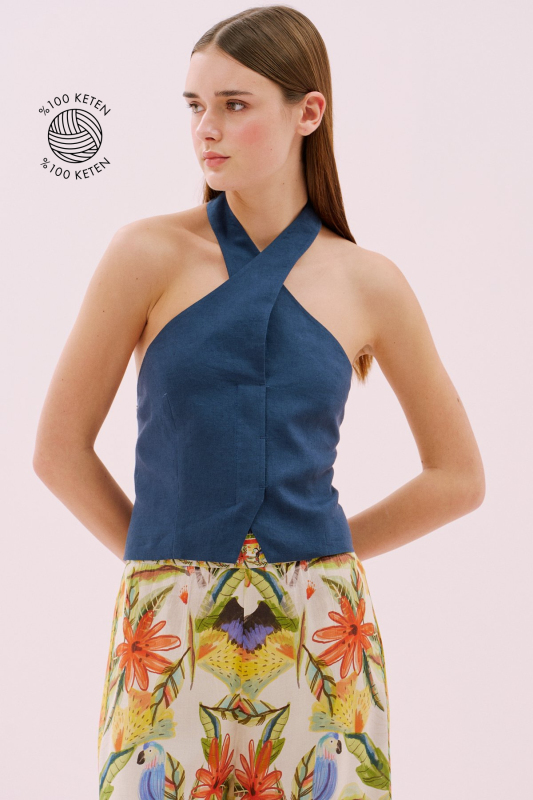 Sırt Dekolteli Çapraz Askılı Keten Büstiyer Lacivert - 1