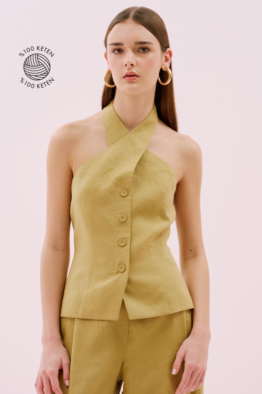 Sırt Dekolteli Çapraz Askılı Keten Yelek Olive - 1