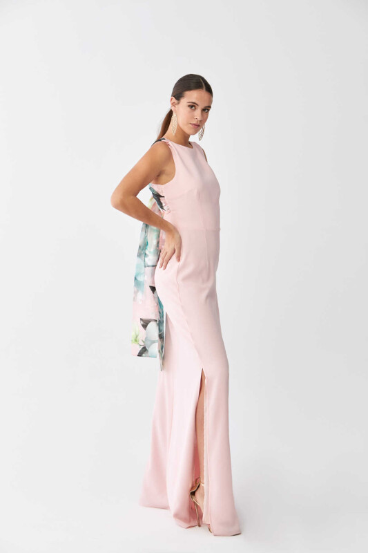 Sırt Detaylı Uzun Elbise Pudra - 4