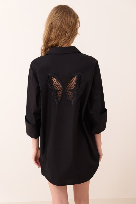 Sırtı Kelebek Nakışlı Poplin Gömlek Siyah - 2