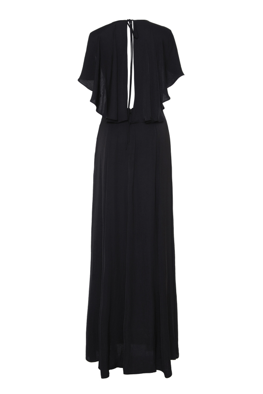 Pelerin Detaylı Sırt Dekolteli Maksi Boy Elbise Siyah - 6