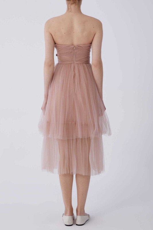 Straplez Çiçekli Tül Şifon Elbise Pudra - 2