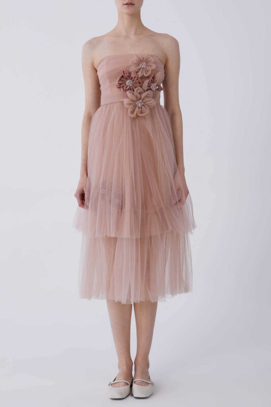 Straplez Çiçekli Tül Şifon Elbise Pudra - 1