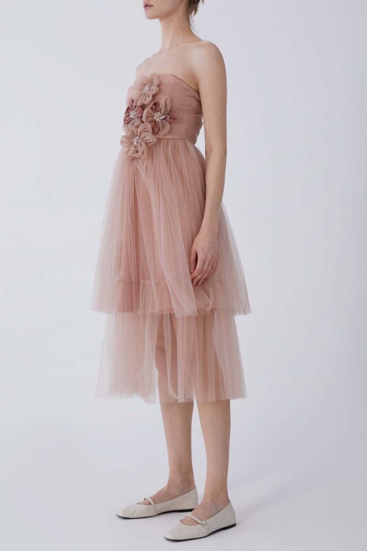 Straplez Çiçekli Tül Şifon Elbise Pudra - 3