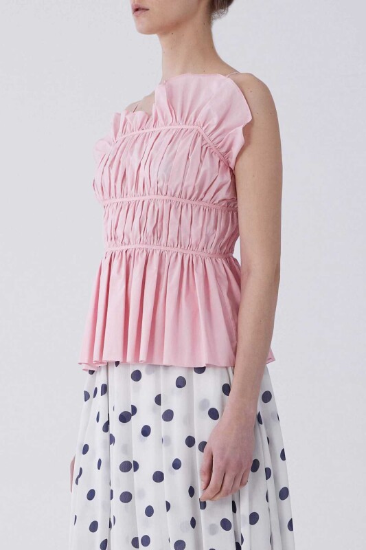 Straplez Drapeli Bluz Toz Pembe - 3