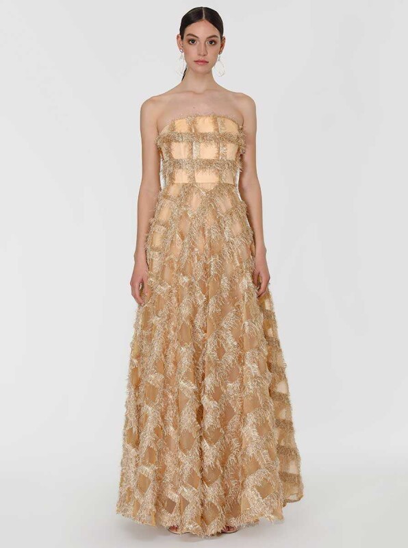 Straplez Gold Püsküllü Nişan Elbisesi Gold - 1