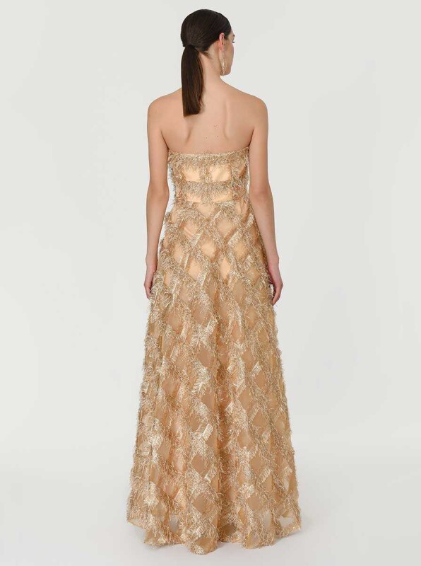 Straplez Gold Püsküllü Nişan Elbisesi Gold - 2
