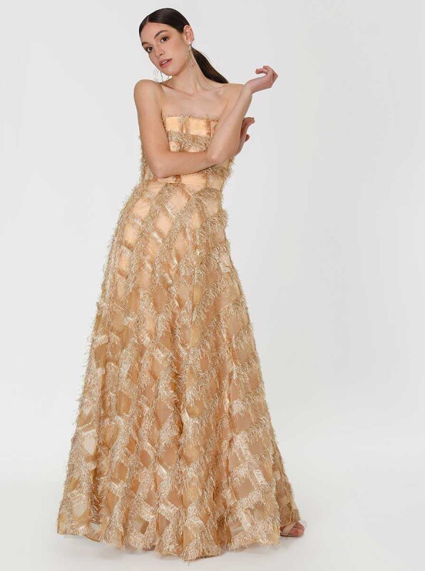 Straplez Gold Püsküllü Nişan Elbisesi Gold - 4