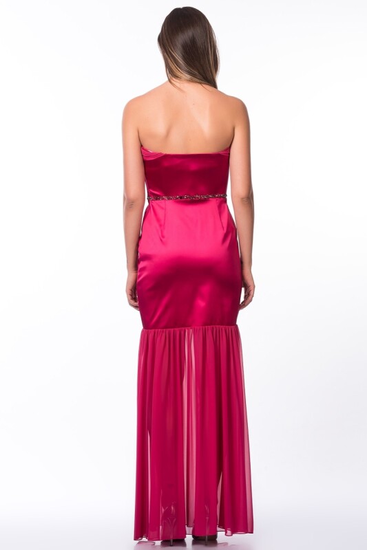  Straplez Taşlı Tül Detaylı Uzun Elbise Fuşya - 2