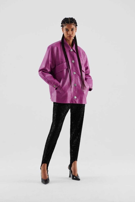 Suni Deri Kadın Ceket Fuşya - 4