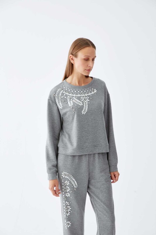  Taş Detaylı Kadın Sweatshirt Gri 
