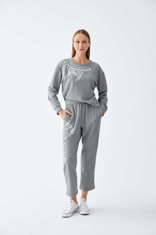 Taş Detaylı Kadın Sweatshirt Gri - 4