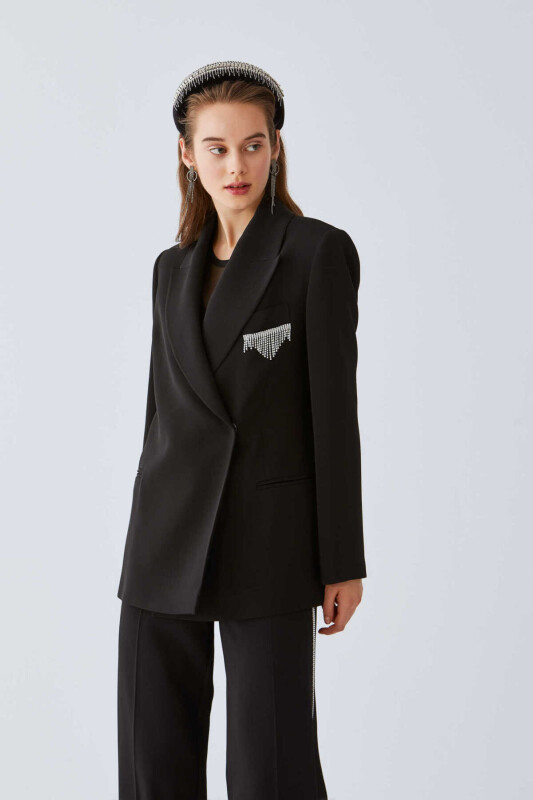  Taş Detaylı Yırtmaçlı Ceket Siyah - 4