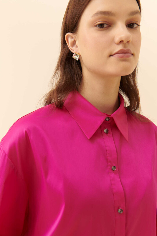  Taş Düğmeli Tafta Kadın Gömlek Fuşya - 3