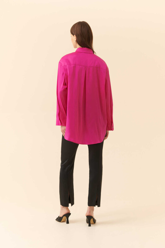  Taş Düğmeli Tafta Kadın Gömlek Fuşya - 2
