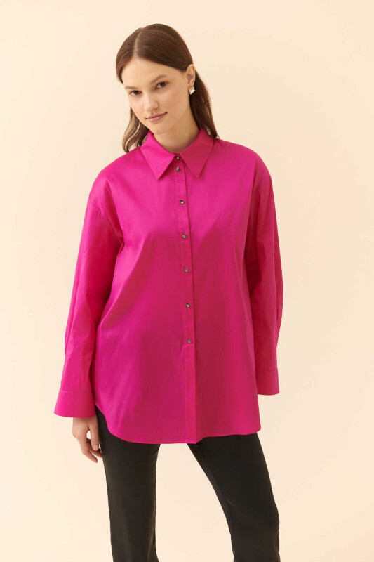  Taş Düğmeli Tafta Kadın Gömlek Fuşya 