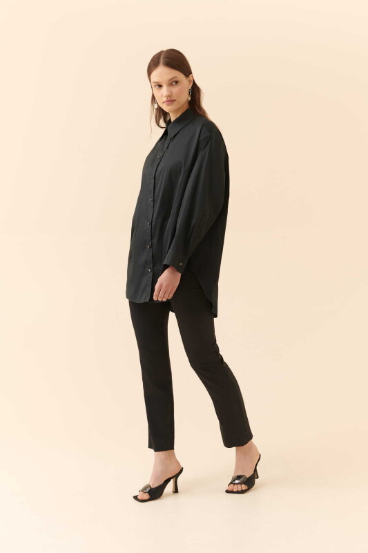  Taş Düğmeli Tafta Kadın Gömlek Siyah - 3