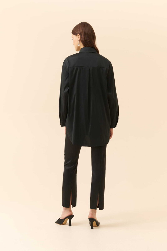  Taş Düğmeli Tafta Kadın Gömlek Siyah - 2