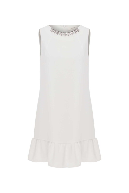  Taş İşlemeli Mini Elbise Ekru - 4