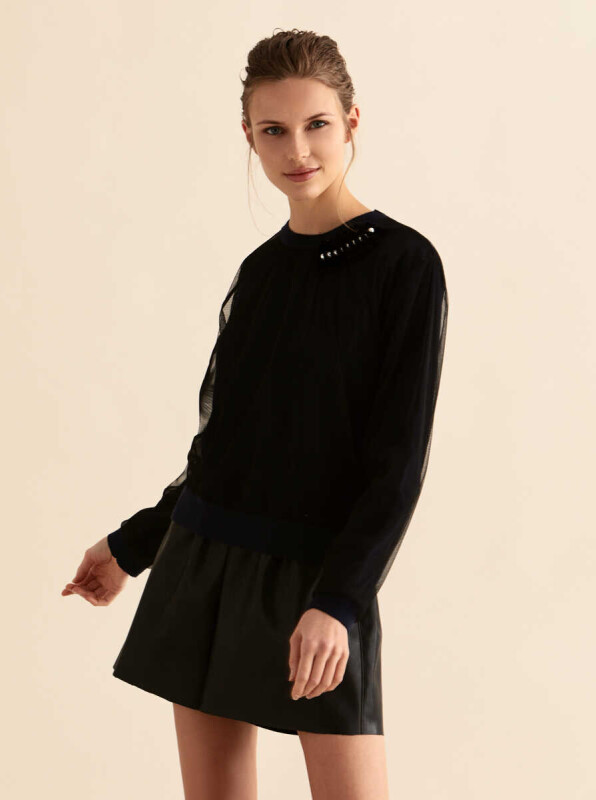  Taş Ve Tül Detaylı Triko Lacivert - 1