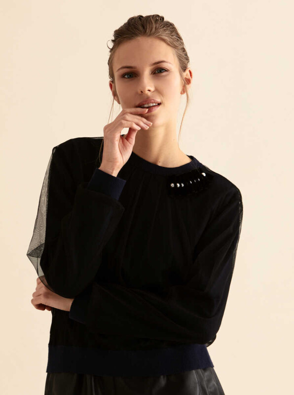  Taş Ve Tül Detaylı Triko Lacivert - 3