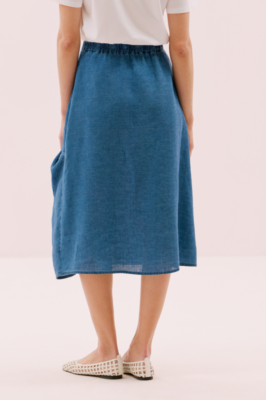 Tek Cep Detaylı Beli Lastikli Keten Midi Boy Etek İndigo - 4