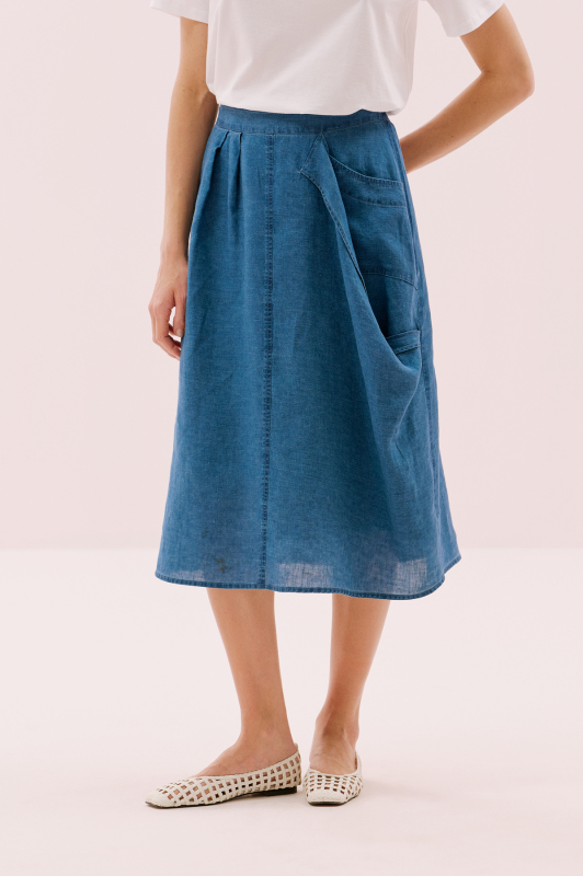 Tek Cep Detaylı Beli Lastikli Keten Midi Boy Etek İndigo - 3