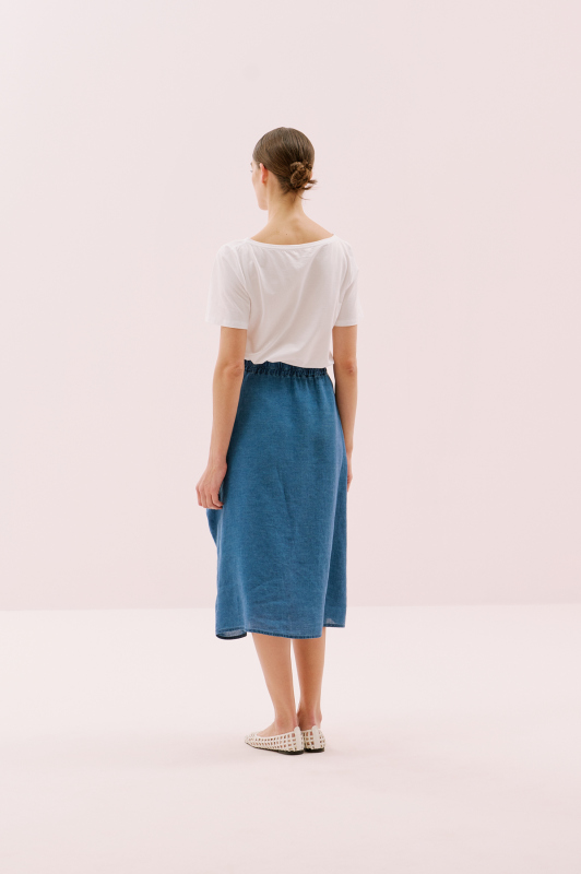Tek Cep Detaylı Beli Lastikli Keten Midi Boy Etek İndigo - 2
