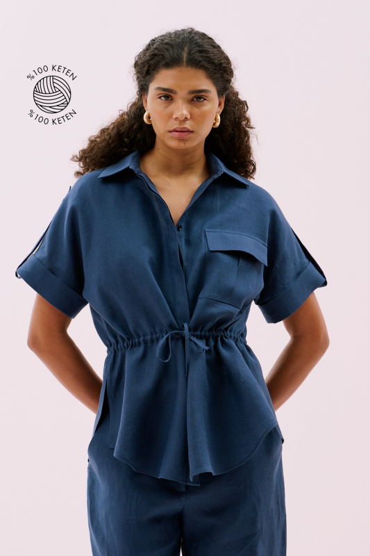 Tek Cepli Beli Bağlanabilen Kısa Kol Keten Gömlek Lacivert - 1