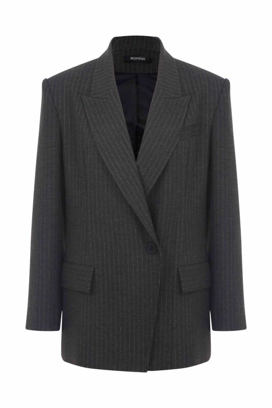  Tek Düğmeli Çizgili Kadın Ceket Standart Renk - 4