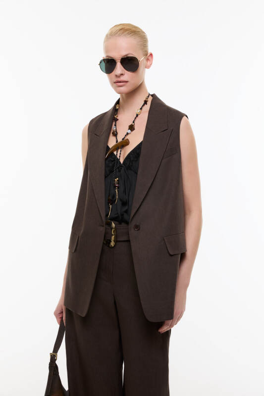 Tek Düğmeli Erkek Yaka Yelek Kahve - Roman