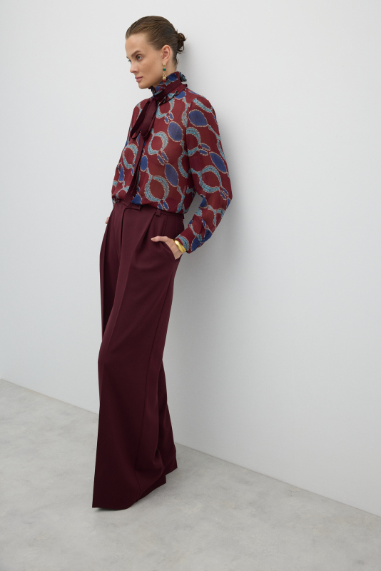 Tek Düğmeli Geniş Paça Pantolon Bordo - 4