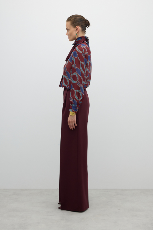 Tek Düğmeli Geniş Paça Pantolon Bordo - 5