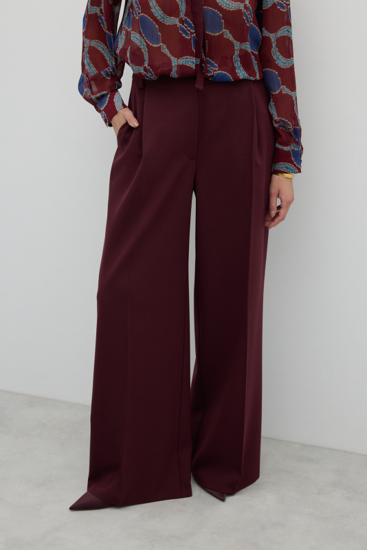 Tek Düğmeli Geniş Paça Pantolon Bordo - 3