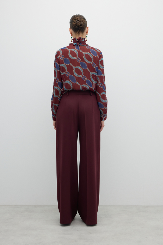 Tek Düğmeli Geniş Paça Pantolon Bordo - 2