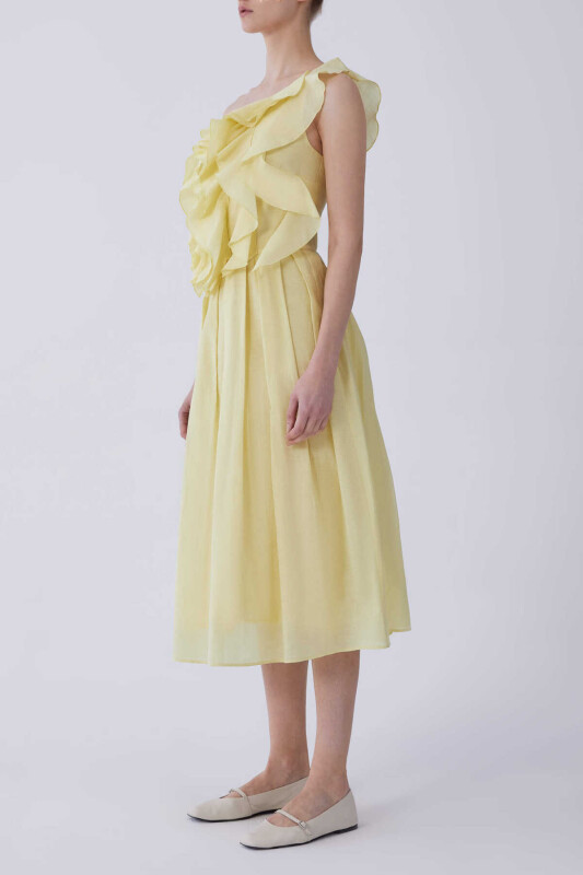 Tek Omuz Önü Fırfırlı Abiye Elbise Sarı - 3