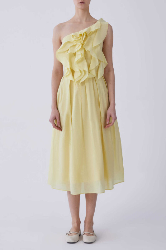 Tek Omuz Önü Fırfırlı Abiye Elbise Sarı - 1