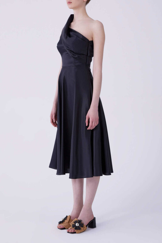 Tek Omuz Saten Abiye Elbise Siyah - 3