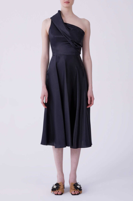 Tek Omuz Saten Abiye Elbise Siyah - 1